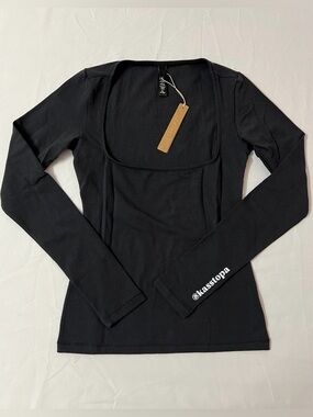 SKIMS Cotton Jersey Scoop Neck Long Sleeve Top T-shirt Black Soot